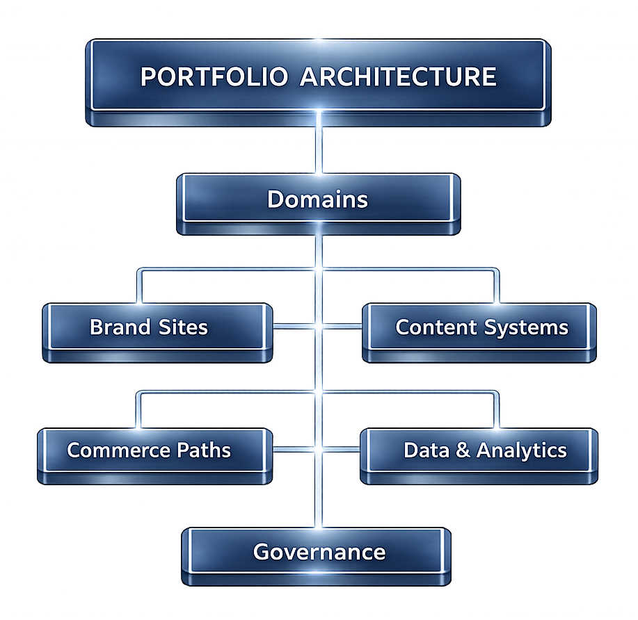 Diagram illustrating the Interface International portfolio architecture showing Domains, Brand Sites, Content Systems, Commerce Paths, Data & Analytics, and Governance.
