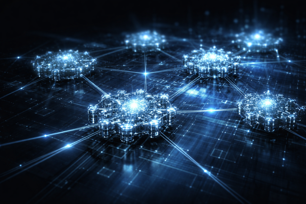 Digital illustration representing the Platform Ecosystem, showing interconnected category clusters within the Interface International platform.