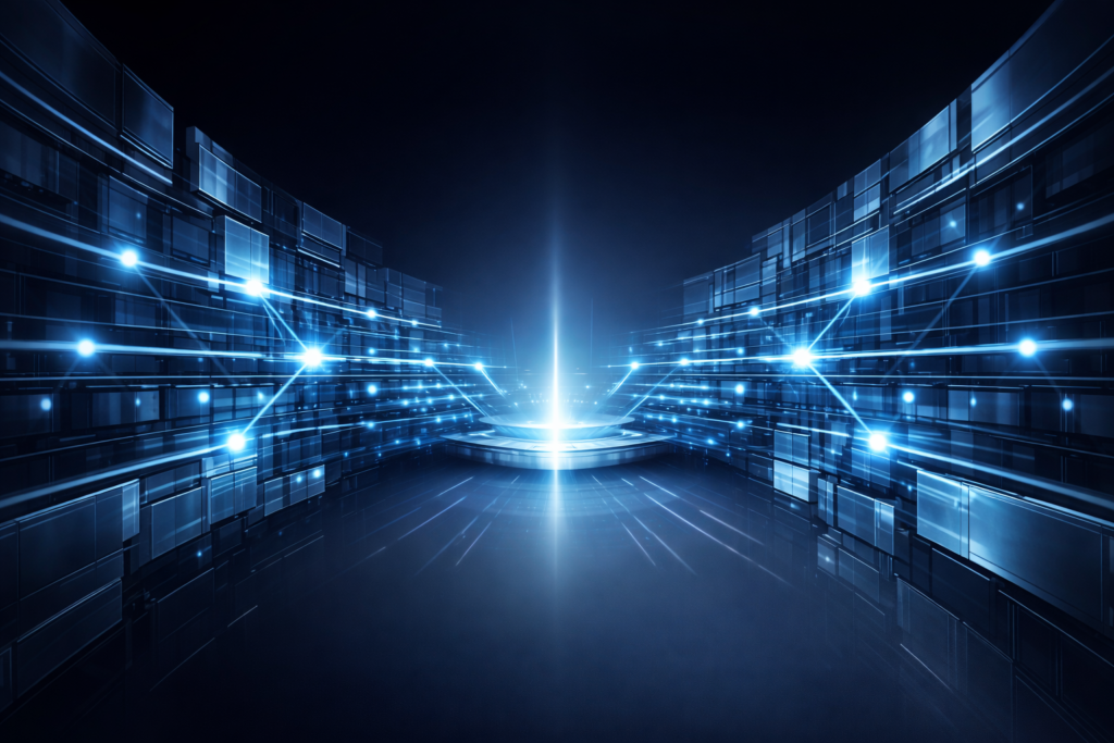 Digital illustration representing institutional alignment between Care-O-Sell and Interface International, showing two interconnected digital systems converging into a unified platform.