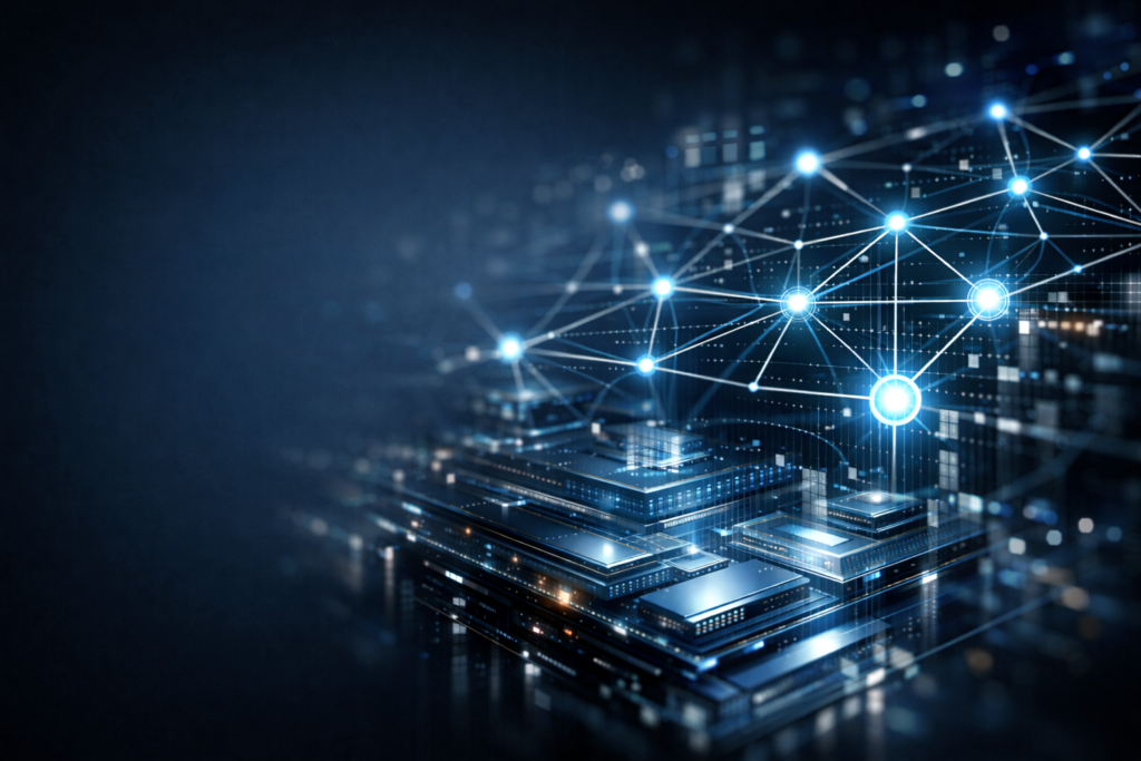 Layered digital infrastructure platform with interconnected network nodes representing the operational systems supporting the Interface International portfolio.