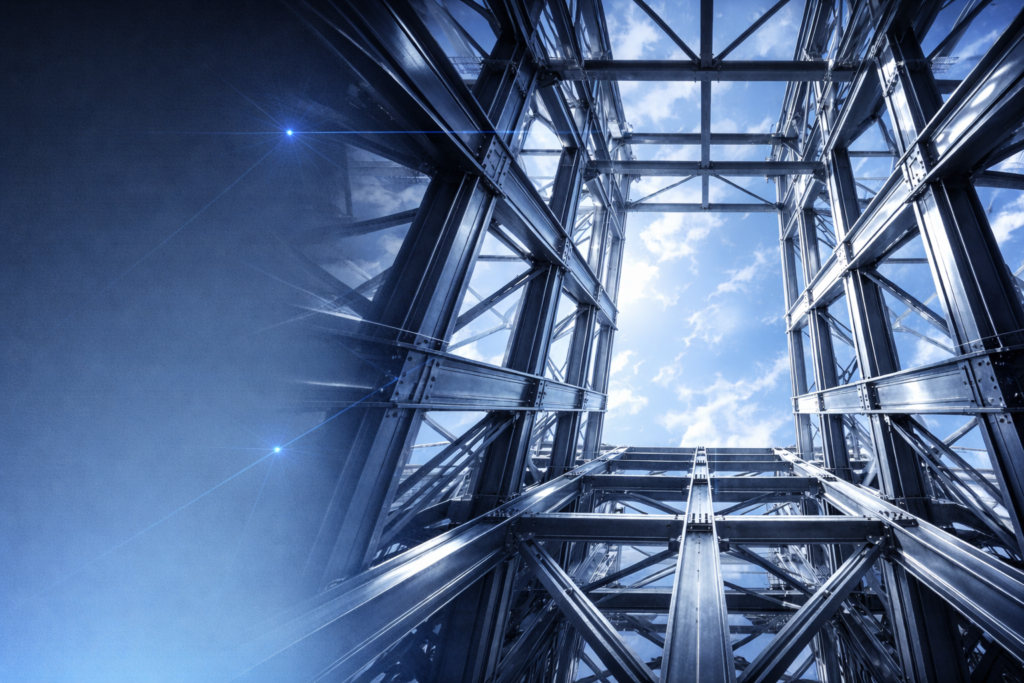 Upward view through a steel skyscraper framework symbolizing the structured operating framework of Interface International.